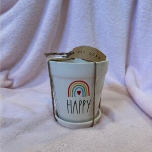 Rae Dunn White Happy Planter with Rainbow